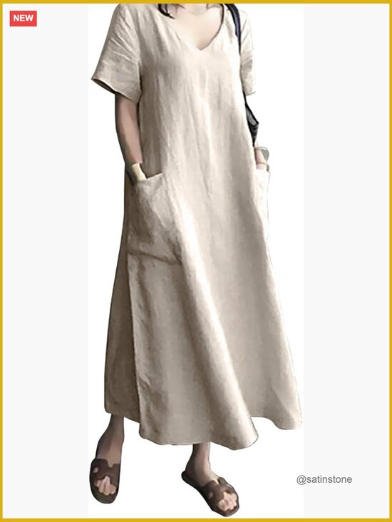 Dresses & Skirts - Maxi Dress with Pockets Soft Breathable V-Neck Short Sleeve Linen Blend